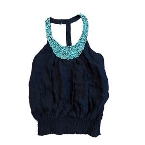 New Bebe Vintage Y2K Black Silk Halter Top w/Turquoise Stone Beading M